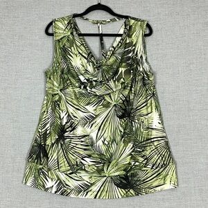 Pennington Sleeveless Top Drapped Collar Green Palm Branches Sz X